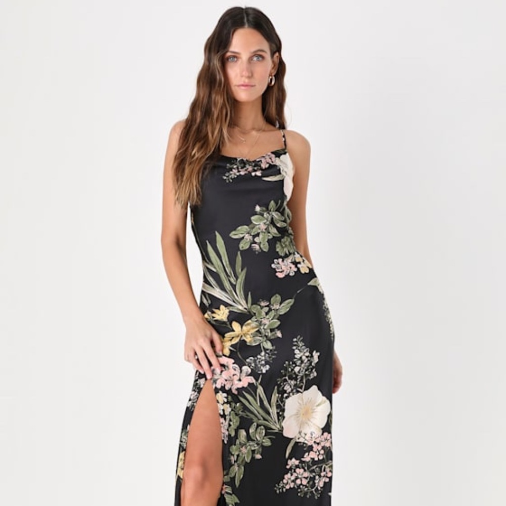 Lulus All About The Drama Black Floral Satin Cowl Neck Maxi Dress - Size‎ M